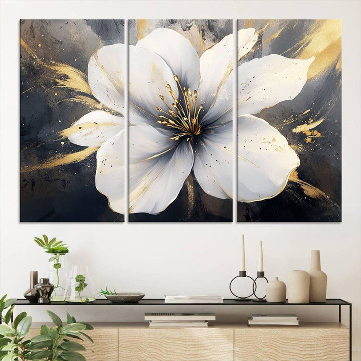 White Flower Wall Art | Canvas Print | Ready to Hang | Abstract Floral Wall Decor | Elegant Bloom Artwork | Framed for Living Room or Bedroom