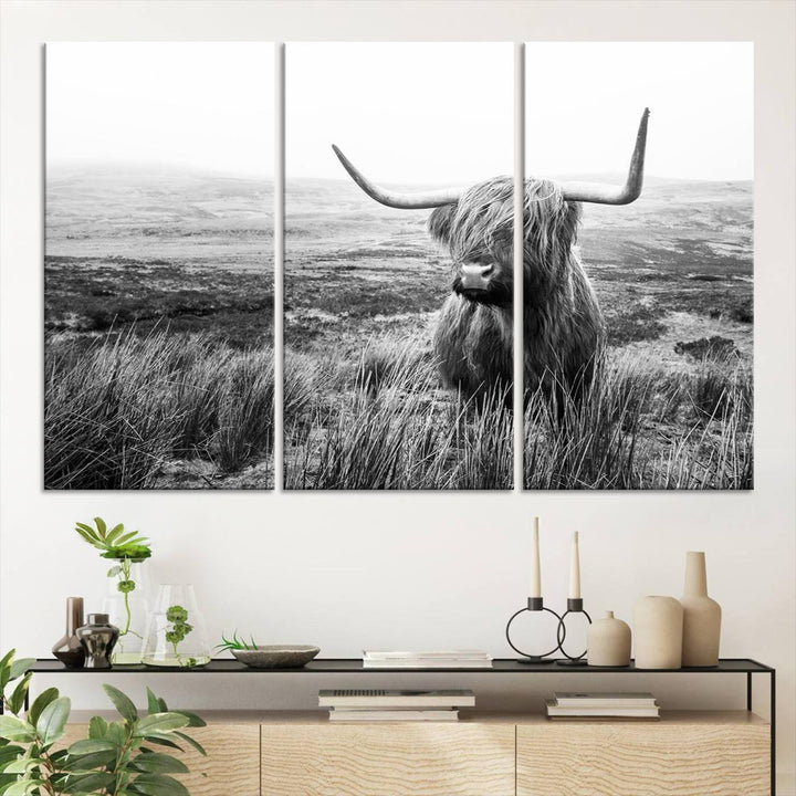 Scottish Highland Cow Wall Art | Black and White Canvas Print | Ready to Hang and Framed | Rustic Farmhouse Wall Decor for Living Room or