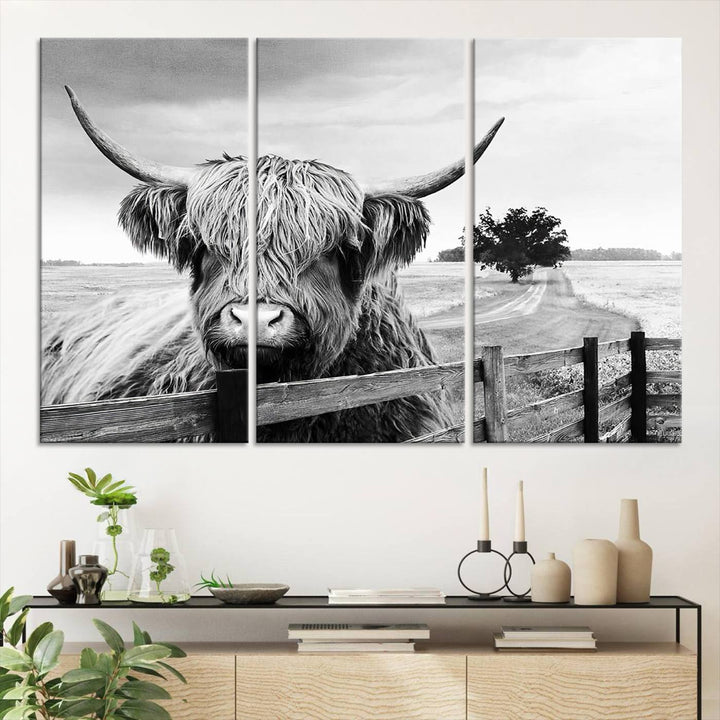 Scottish Highland Cow Wall Art | Rustic Farmhouse Décor | Black and White Ready to Hang Canvas Print