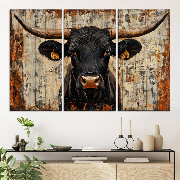Rustic Texas Artwork Wall Art Canvas Print - Abstract Cow Longhorn Bull Wall Art Canvas Print