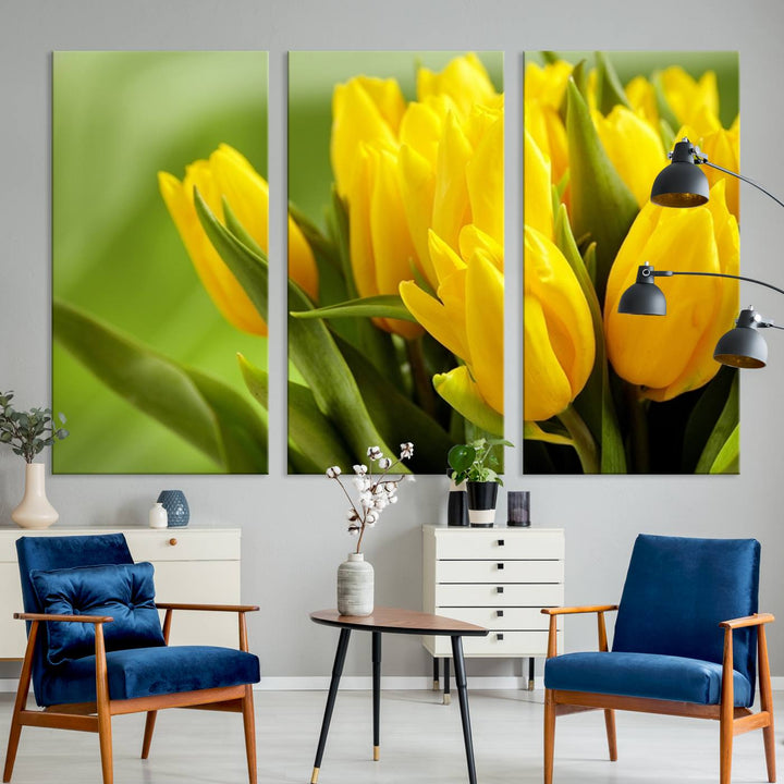 The Wall Art Yellow Tulips Canvas Print on a green background is featured.