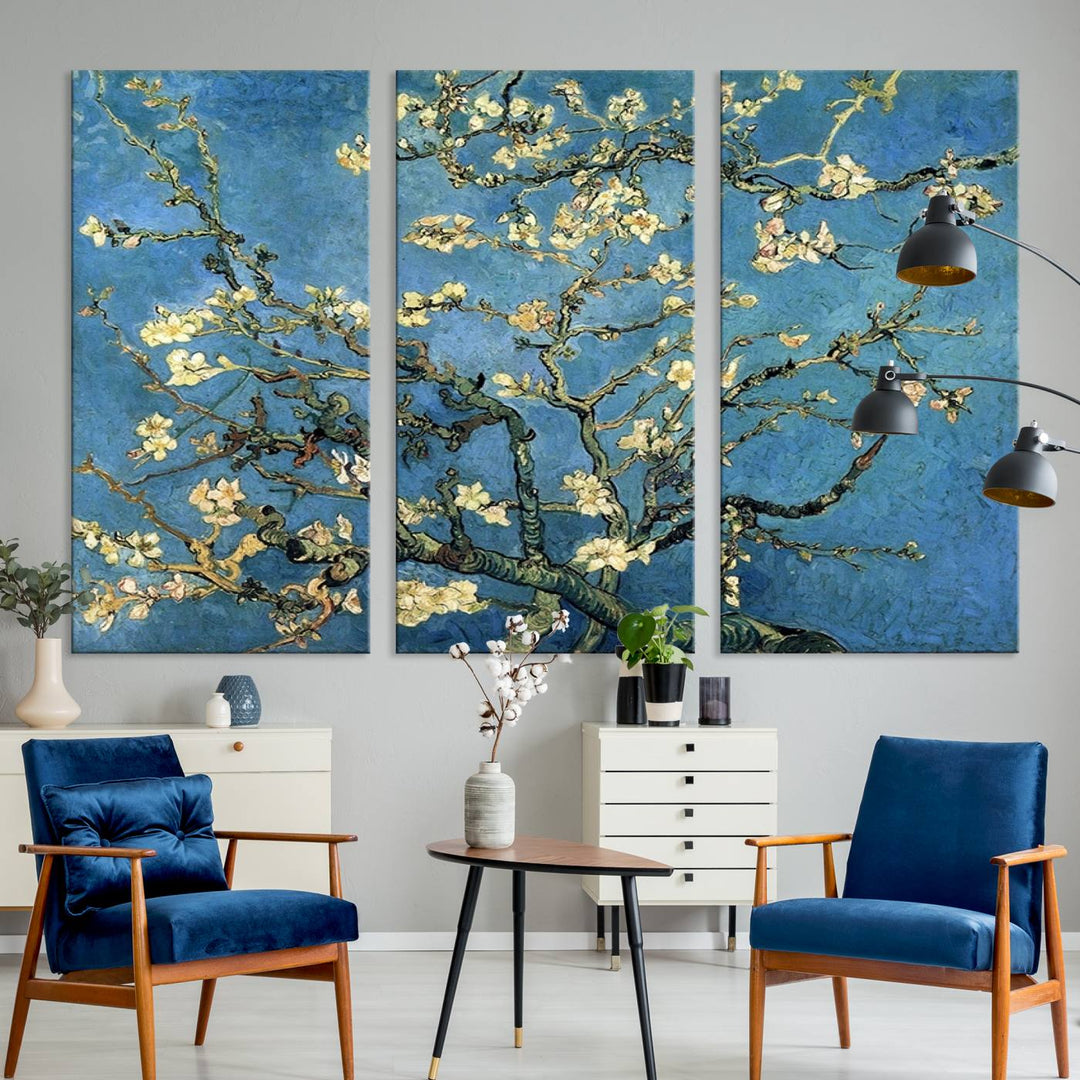 A Van Goghs Almond Blossom canvas print adds a touch of elegance to the wall.