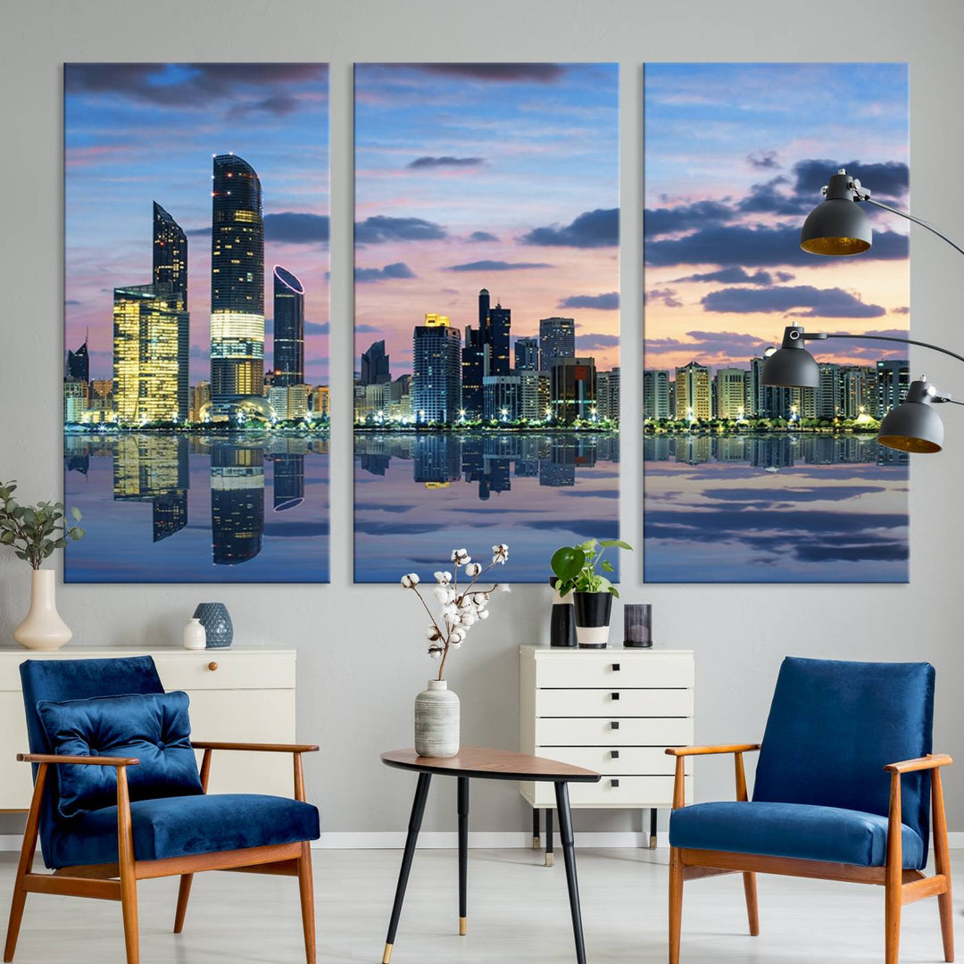 A gallery-quality wall art canvas print captures the Dubai city skyline with skyscrapers reflected in water at sunset.