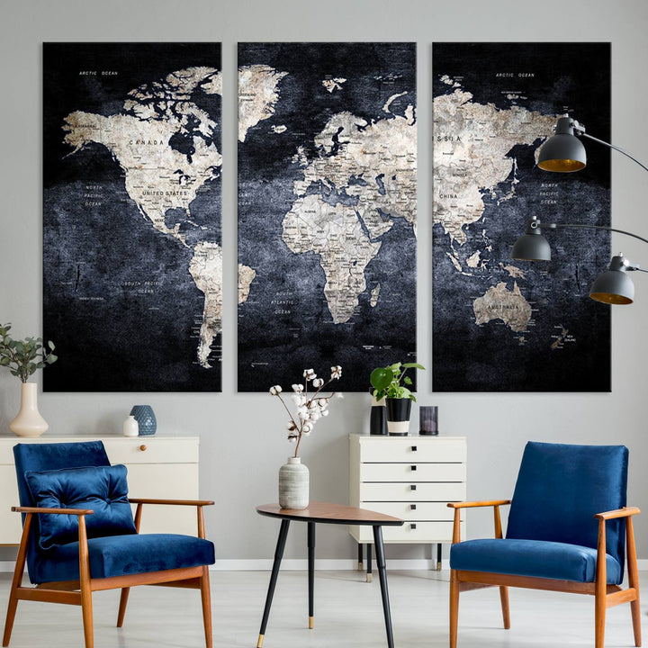 Rustic Black and Bronze World Map Canvas Triptych features white continents on a grunge-stained background.