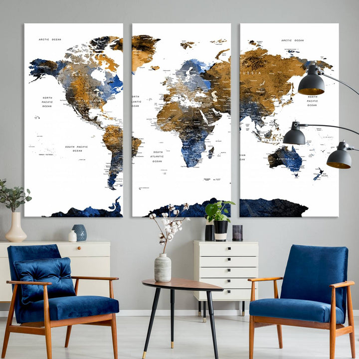 The Watercolor World Map Canvas showcases a grunge-stained background in gold, gray, and blue hues.