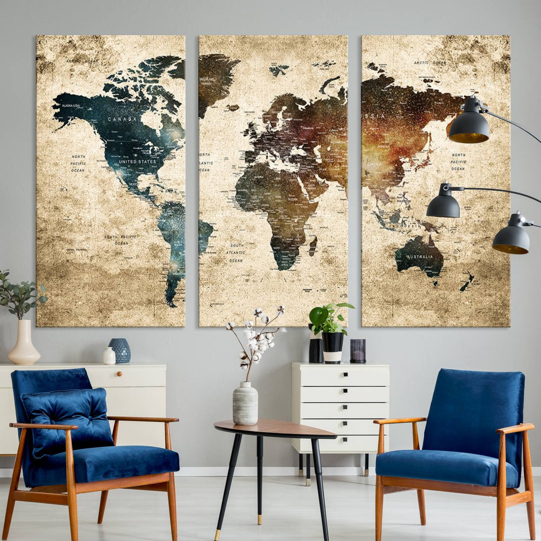 Vintage World Map Canvas Wall Art, perfect for antique-style decor, displayed against a light wood wall.