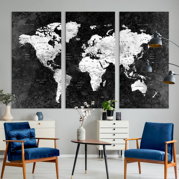 The dining room features a Modern Grayscale World Map 3-Panel Canvas Art as its focal point.