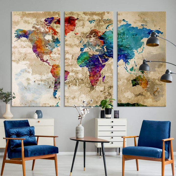 An Abstract Large Watercolor World Map Canvas Print hangs prominently.