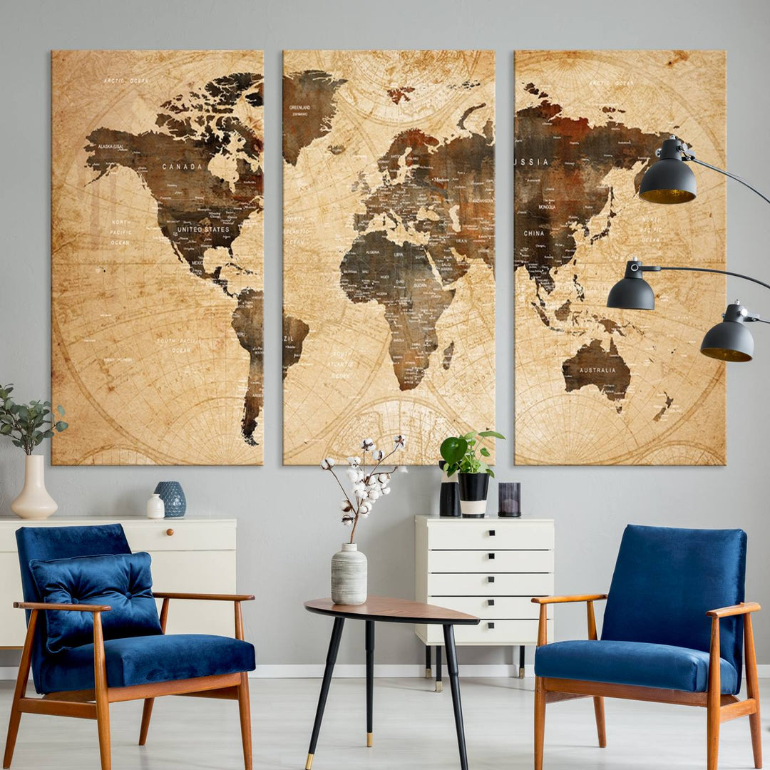Vintage World Map: 3-Panel Canvas Print in antique rustic style. Framed and gallery wrapped. Ideal for decor.