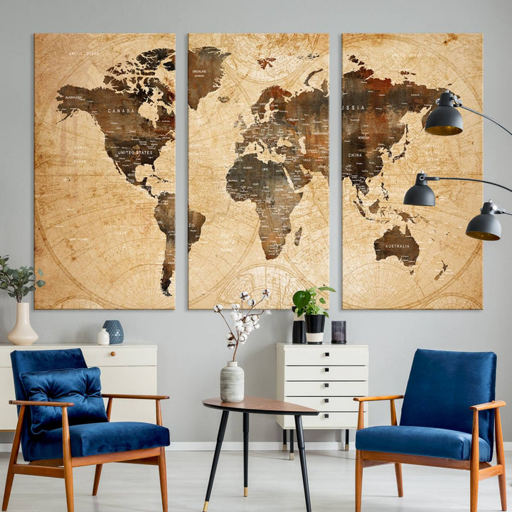 Vintage World Map: 3-Panel Canvas Print in antique rustic style. Framed and gallery wrapped. Ideal for decor.
