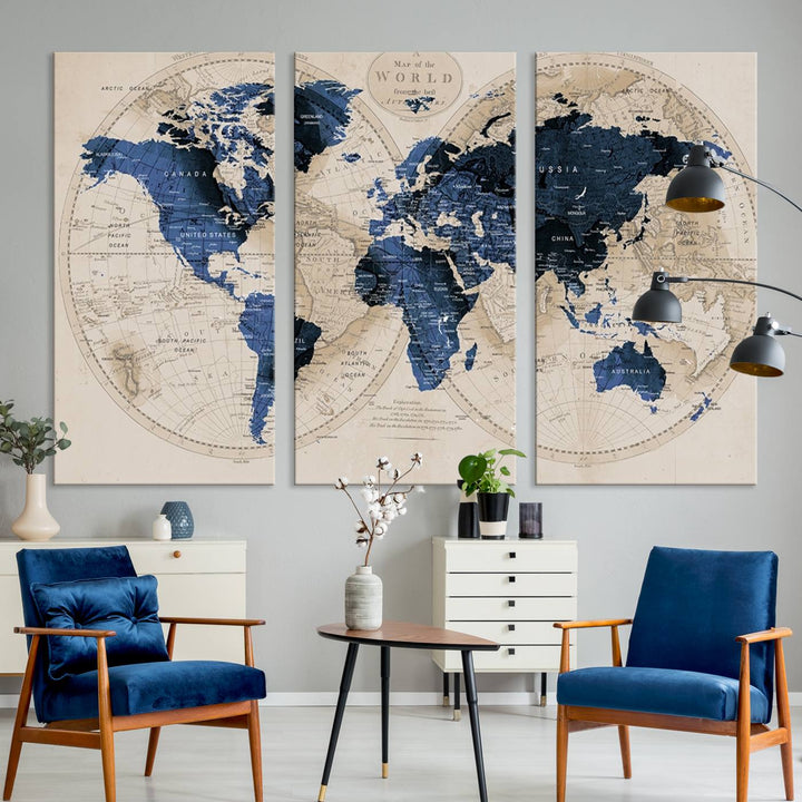 The Vintage Triptych Map Print is a grunge-stained blue and beige world map, perfect for enhancing wall decor.