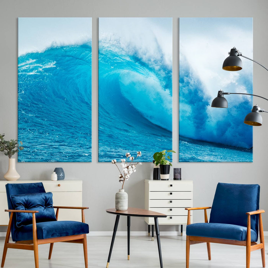 A museum-quality canvas depicting a vibrant blue ocean wave with white foam under a clear sky.