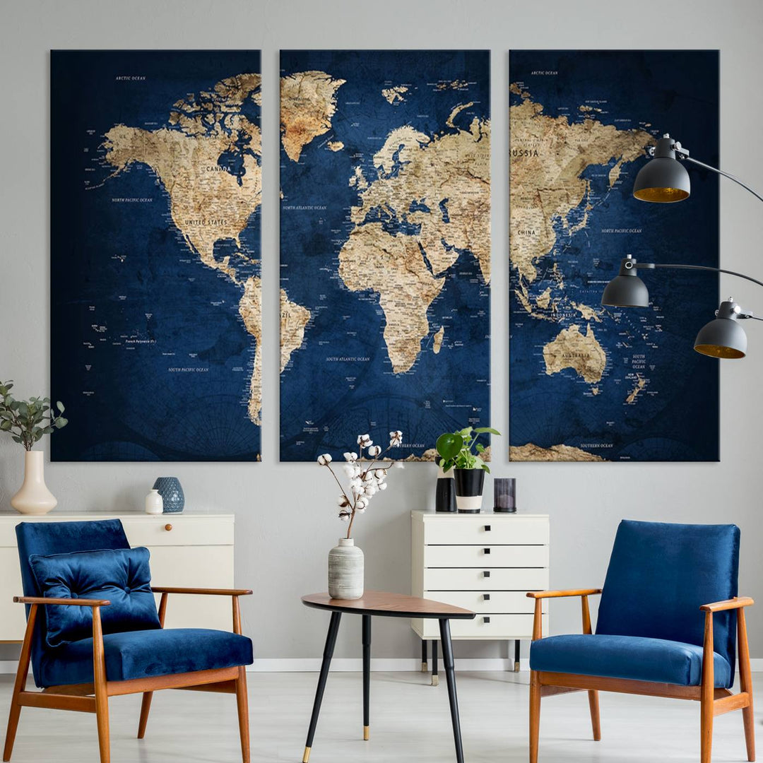 Classic Vintage Blue World Map Canvas Print featuring beige continents against a deep blue background.