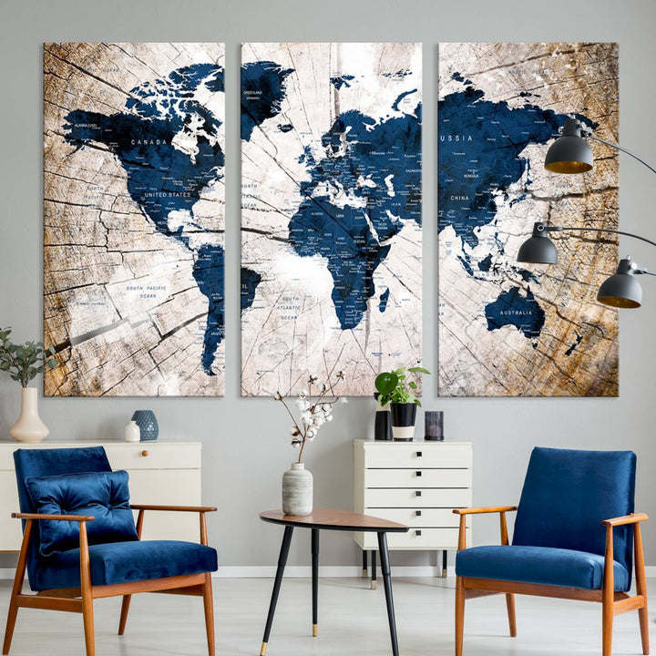 The Vintage World Map on Grunge Background Canvas serves as the focal point of the room.