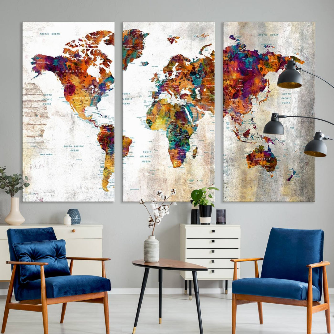 A vibrant Grunge Map Canvas Wall Art Set (3 Panels) for home or office decor, perfect for travel enthusiasts.