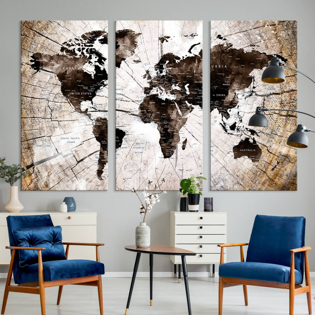 The Tree Ring World Map Canvas hangs above the table, blending into the nature-inspired setting.