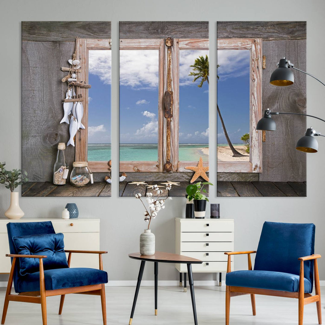 The Window Wall Art Relaxing Beach features seashells and a rustic window frame.