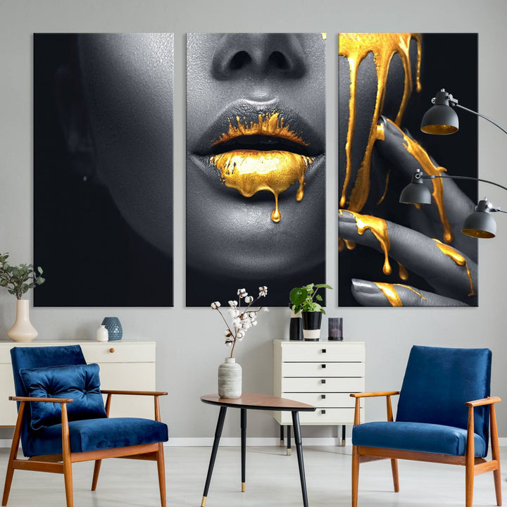 The Gold Lips and Black Woman Makeup Canvas Print features a chic monochrome face design, making it ideal for a modern dining room.