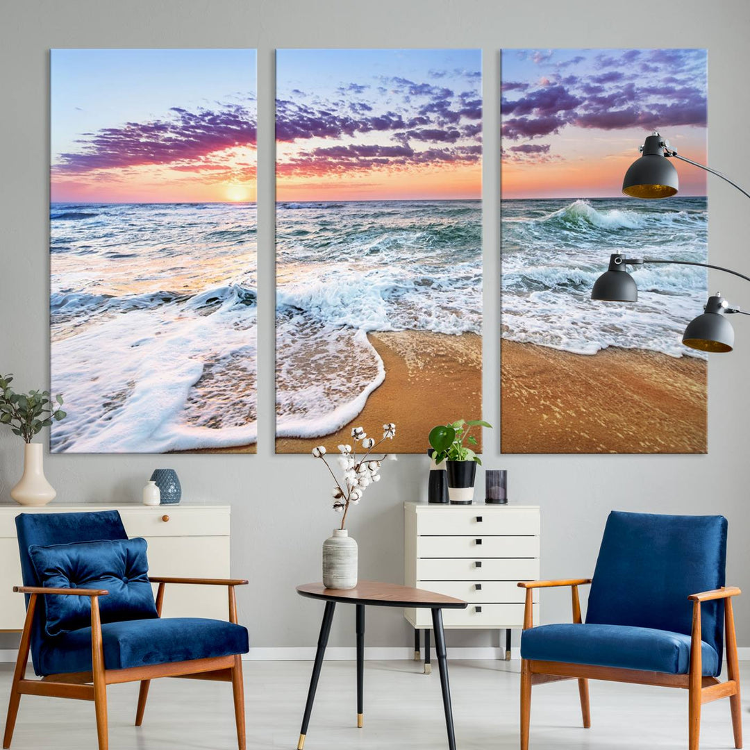 The Tropical Beach Waves Art Print, depicting an ocean sunset and sandy shore, enriches the coastal decor of the dining area.