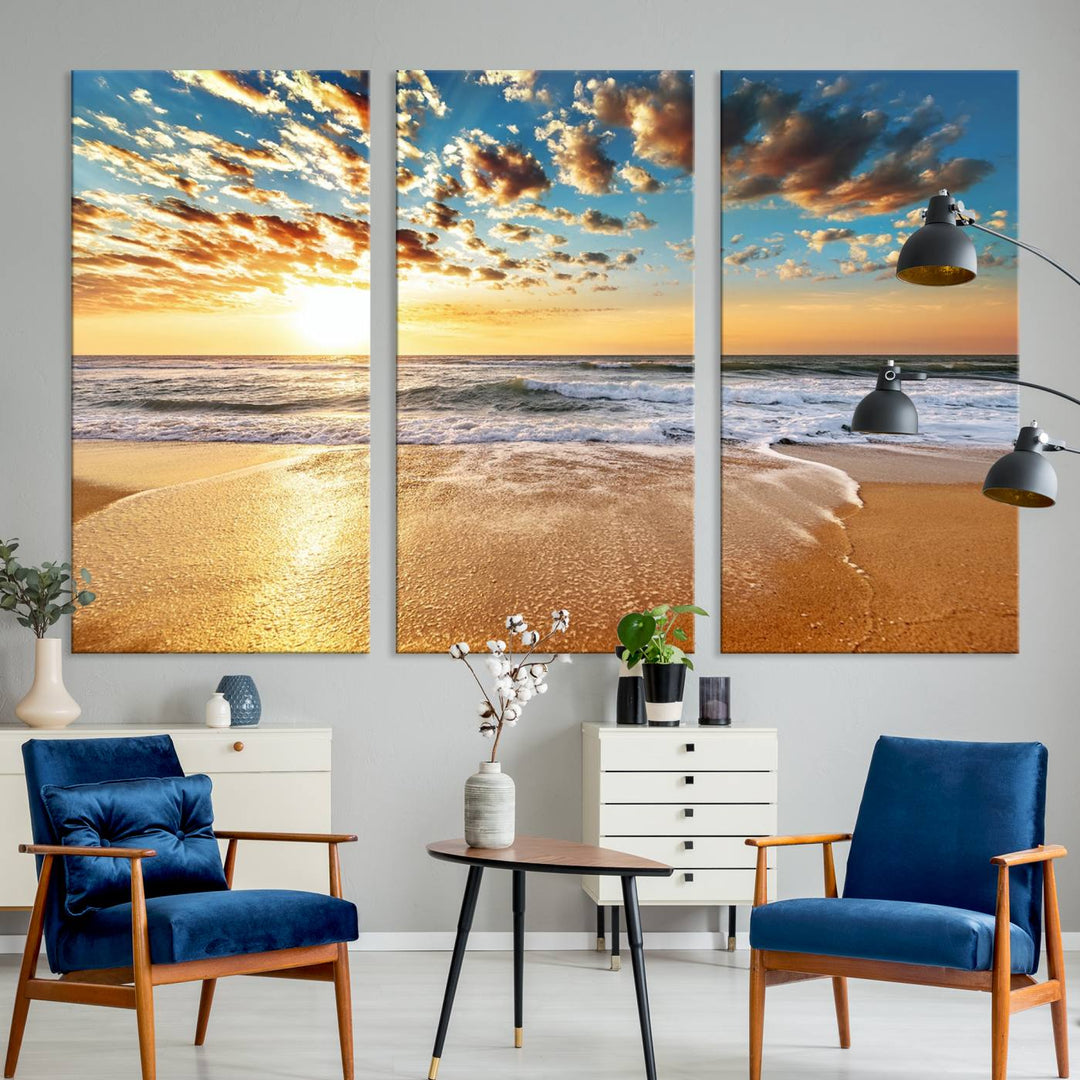 A gallery-wrapped canvas titled Soothing Sunset on Calm Beach is featured.