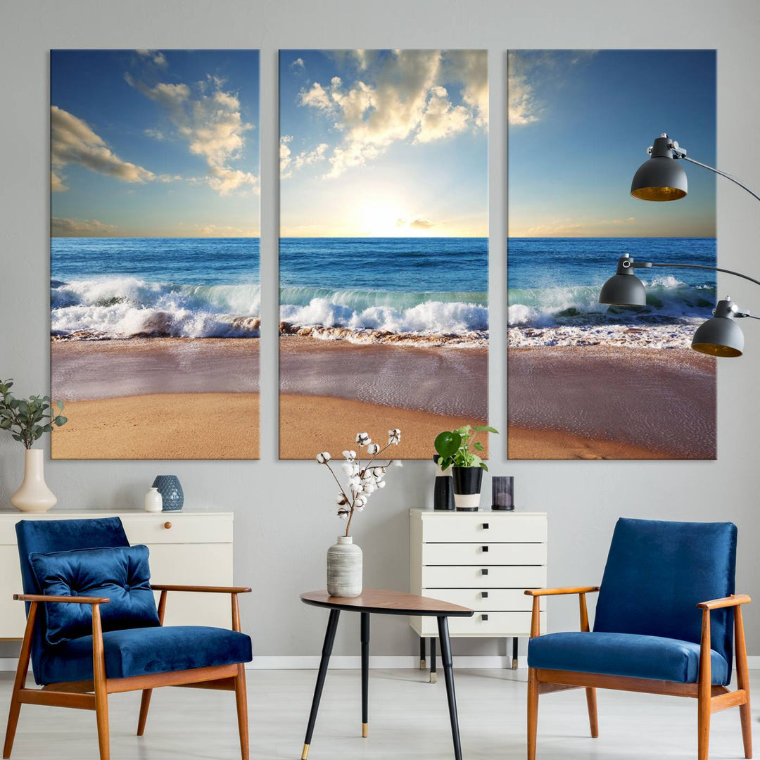 The dining room features a Coastal Tropical Beach Sunset canvas wall art.