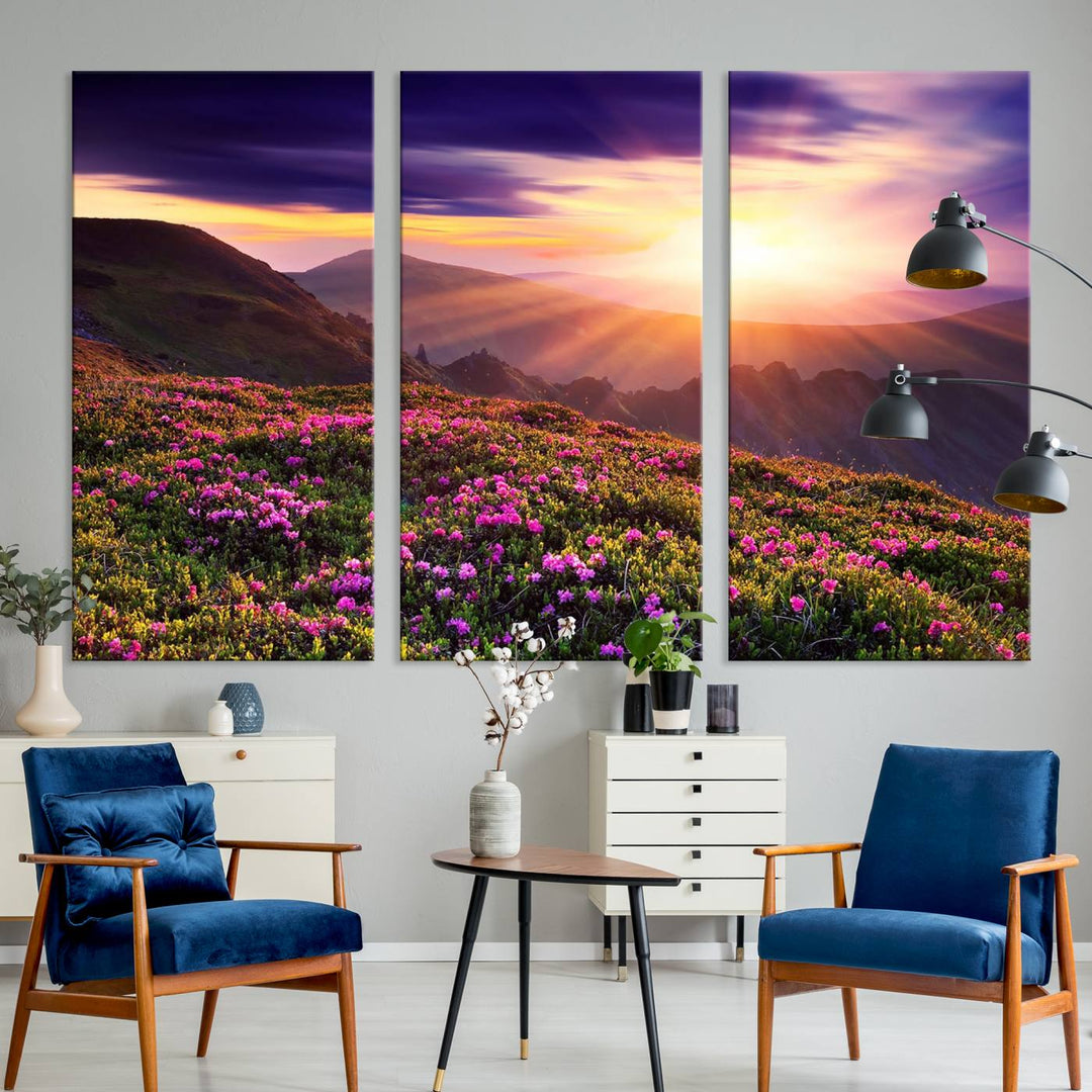 Gallery-wrapped wall art of a stunning mountain sunset and purple flowers.