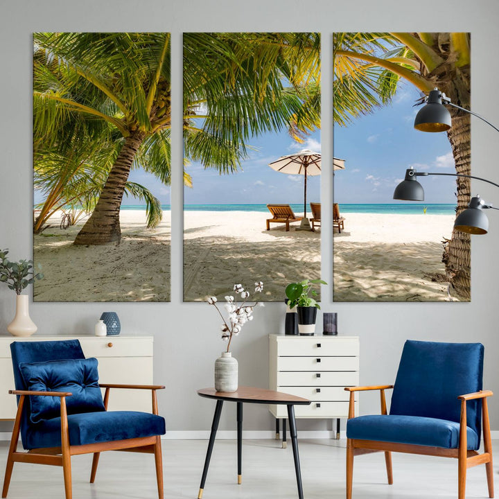 The canvas art print titled Lounge Chairs Palm Trees on Tropical Beach offers free shipping.