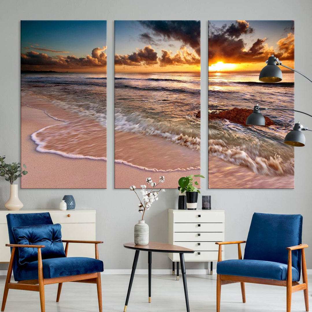 The Sunset on Ocean Wall Art Canvas Print beautifully captures a beach sunset, gentle waves, and a peaceful atmosphere.