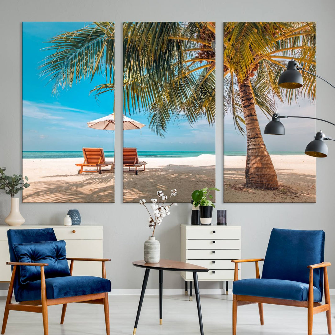 The 3-panel Tropical Beach Wall Art features palm trees and sun loungers, perfect for coastal decor.