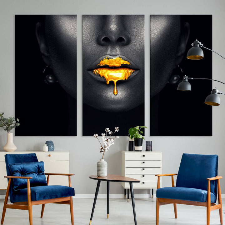 The Honey Gold Lips and Black Woman Photograph canvas print adds a striking touch to the room.