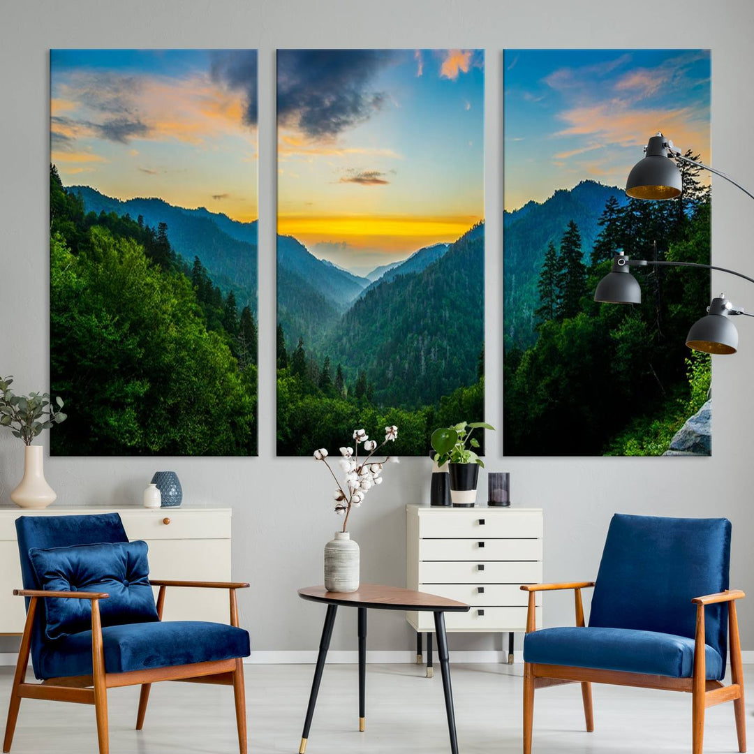 The Glamorous Landscape Canvas Wall Art is featured in the dining room.