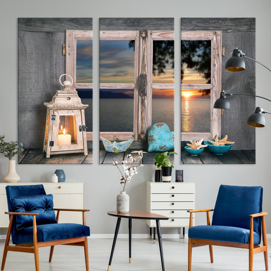 The Astonishing Sunset from the Window canvas print beautifully captures a sea view, accompanied by a lantern and starfish.