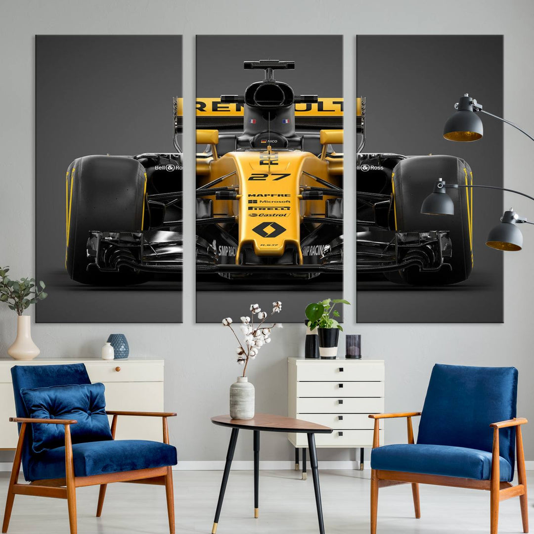 A yellow and black F1 Renault car canvas print with free shipping.