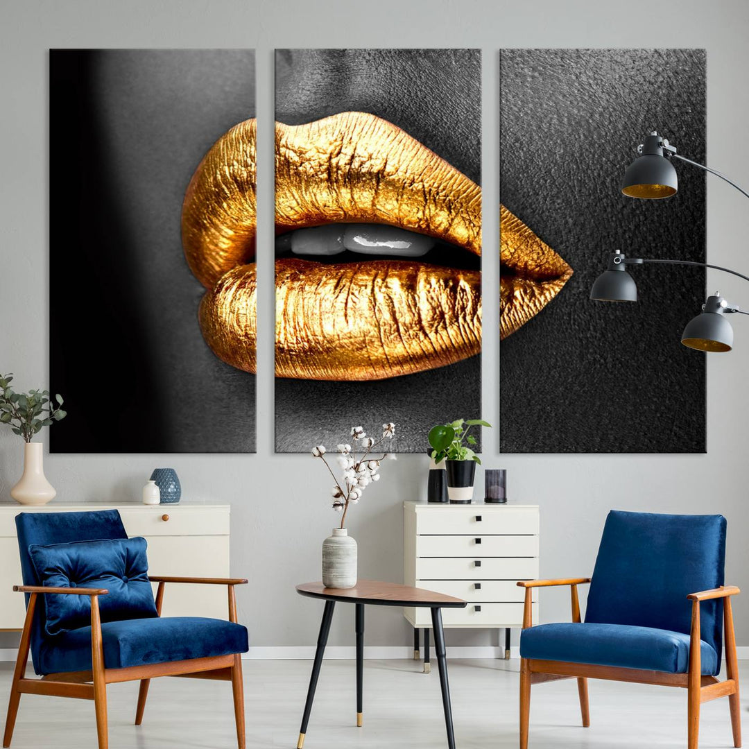 The Gold Lips Canvas Wall Art on a black background is showcased.