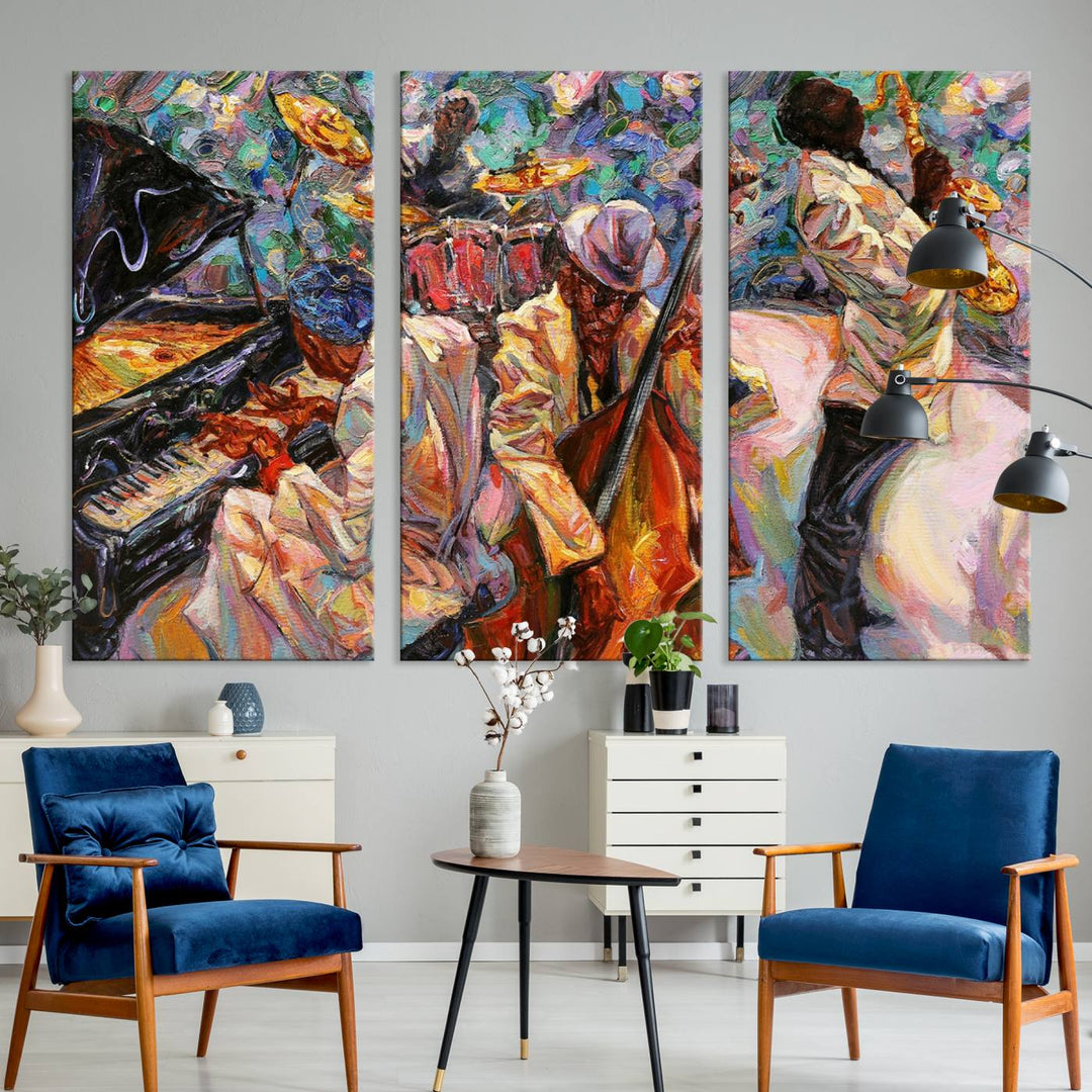 The wall features an African American Jazz Art Music Abstract Painting on Canvas.