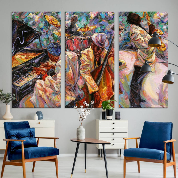 The wall features an African American Jazz Art Music Abstract Painting on Canvas.