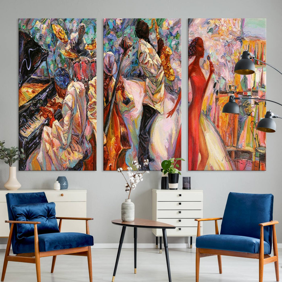 A vibrant 3-panel Afro Jazz band art is displayed prominently.