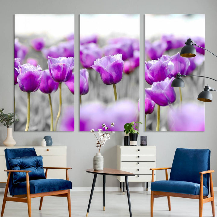 A gallery-wrapped Tulip Fields canvas wall art in a vivid purple hue.