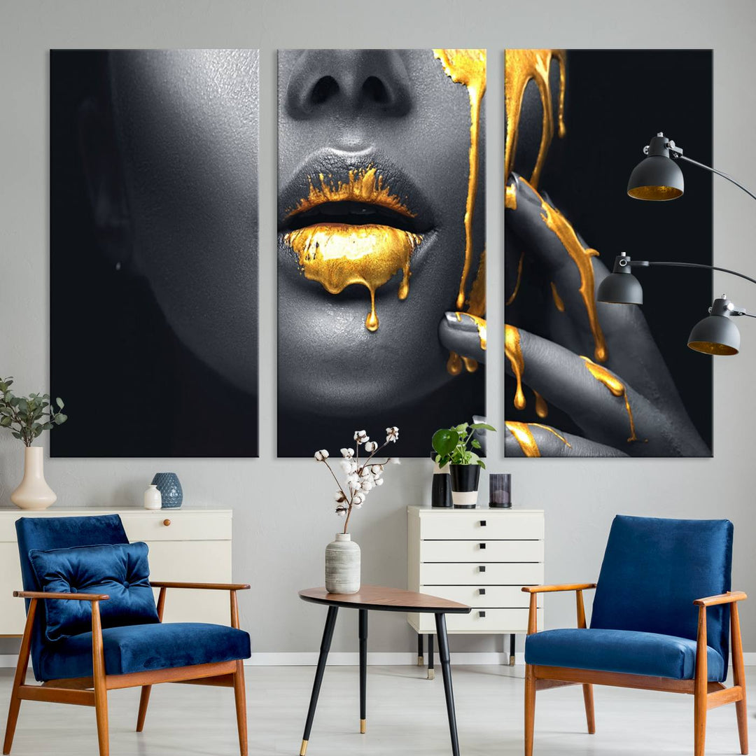 Above the dining area is the Gold Glitter Lips Fashion Makeup canvas wall art.