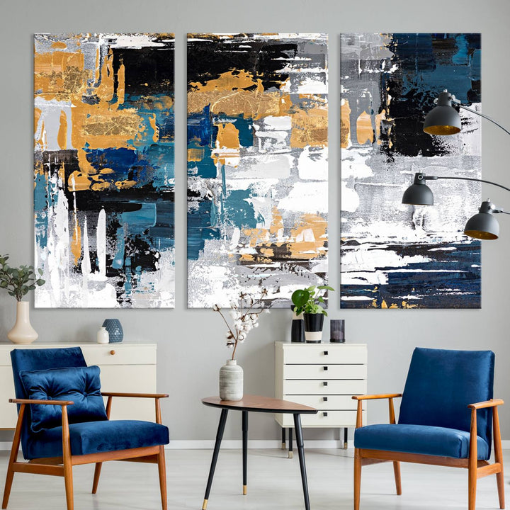 Blue and Gold Abstract Canvas Wall Art hangs prominently.