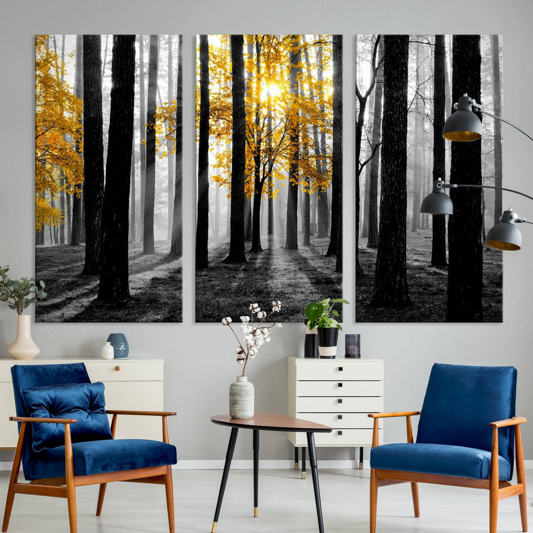 Nature Misty Foggy Autumn Forest Wall Art Print displayed above a modern dining room.