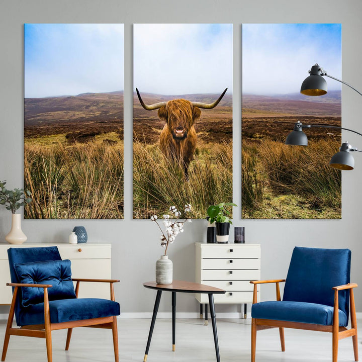 A Scottish Highland Cow art print canvas with UV-protection adorns the wall, preserving vivid details.