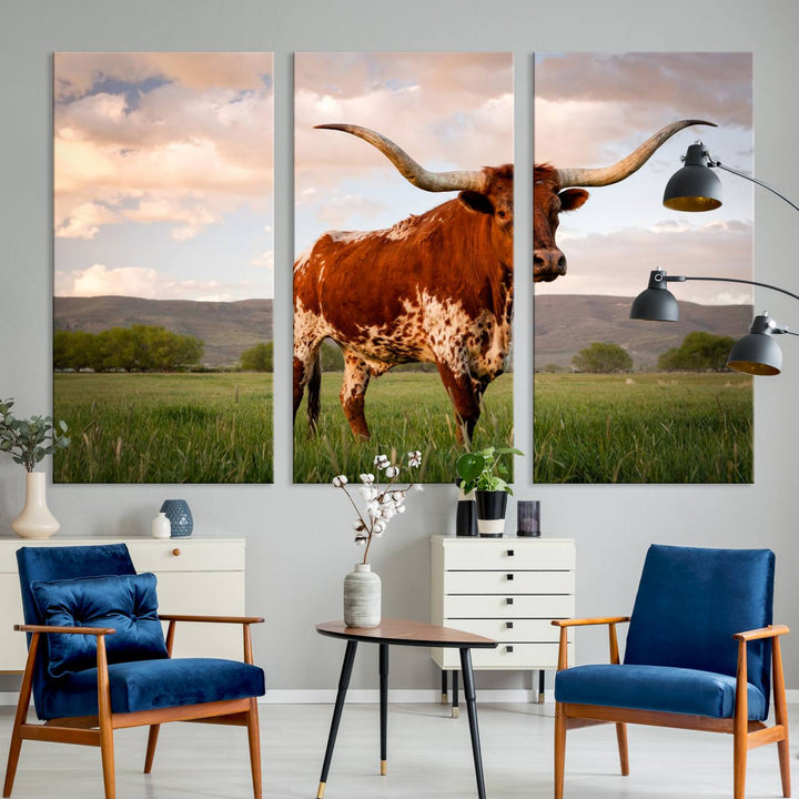 The Texas Cow Canvas Wall Art print captures a longhorn cow at sunset and is ready to hang.