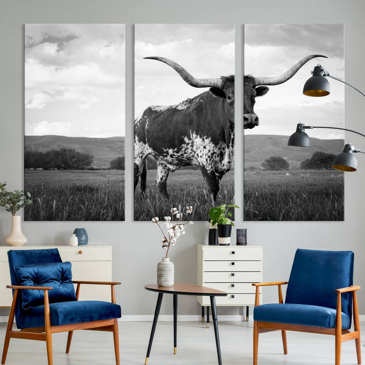 A Black and White Longhorn Texas Cow Canvas Wall Art.