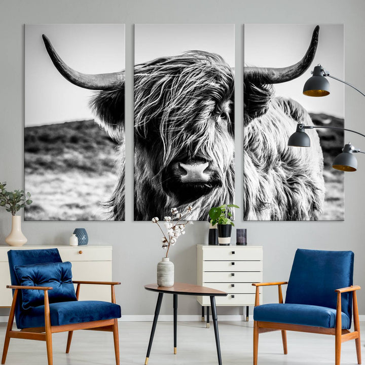 A Black and White Scottish Cow Canvas Print adorns the kitchen wall, perfect for farmhouse decor.