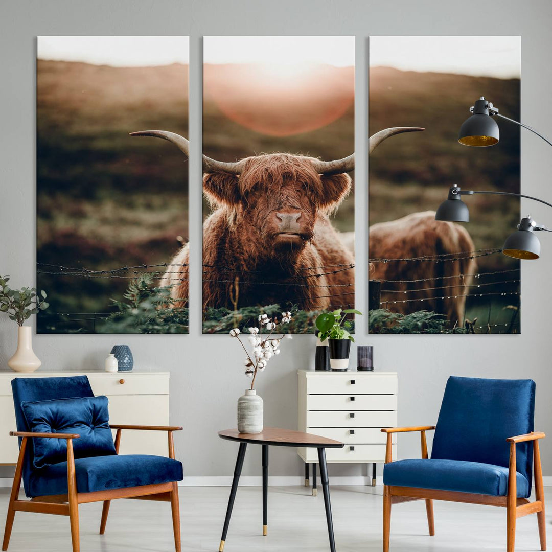 A Highland Cow Animal Canvas Wall Art, featuring a grassy field, is displayed on the wall.