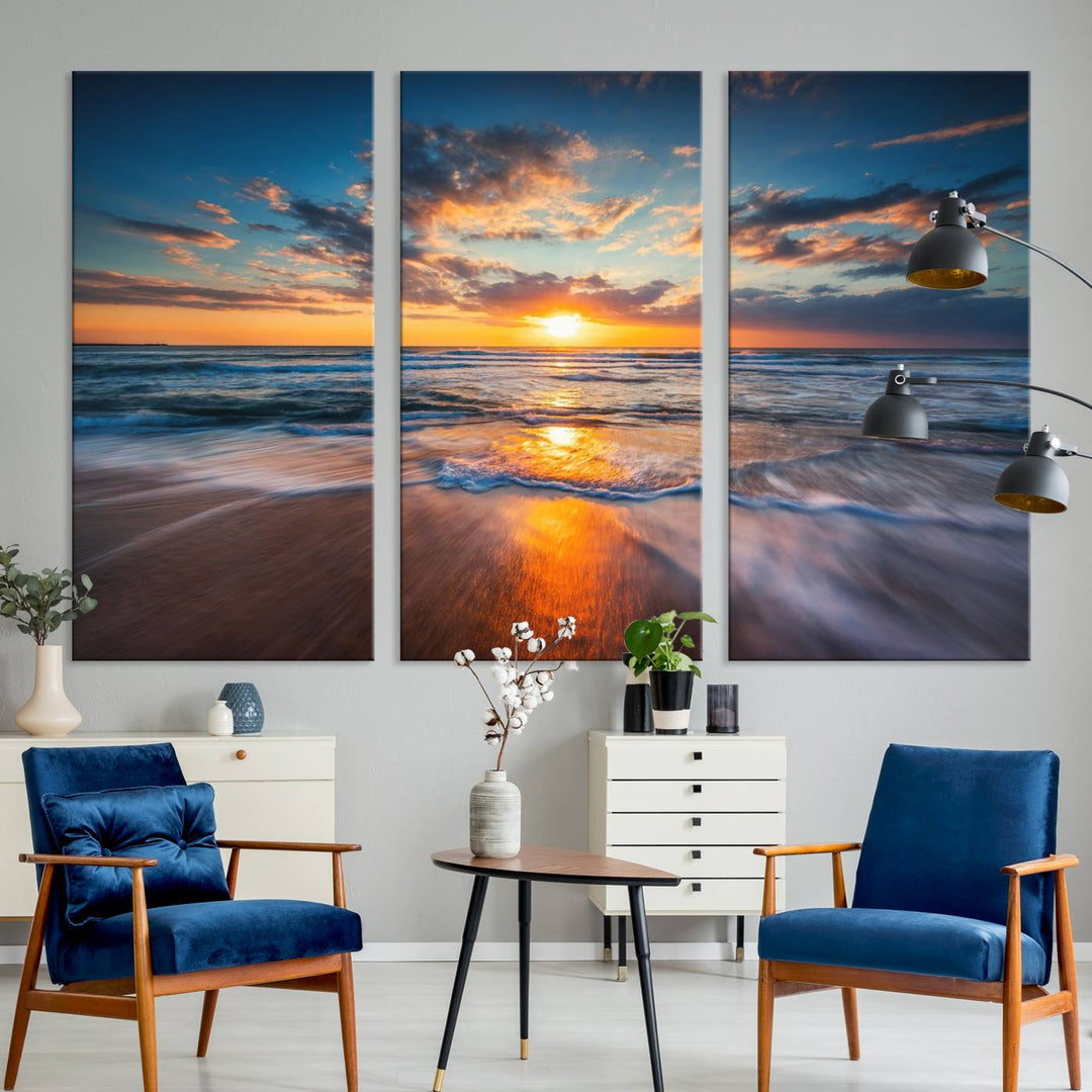 A museum-quality Beautiful Sunset over the Horizon canvas adorns the living room wall.