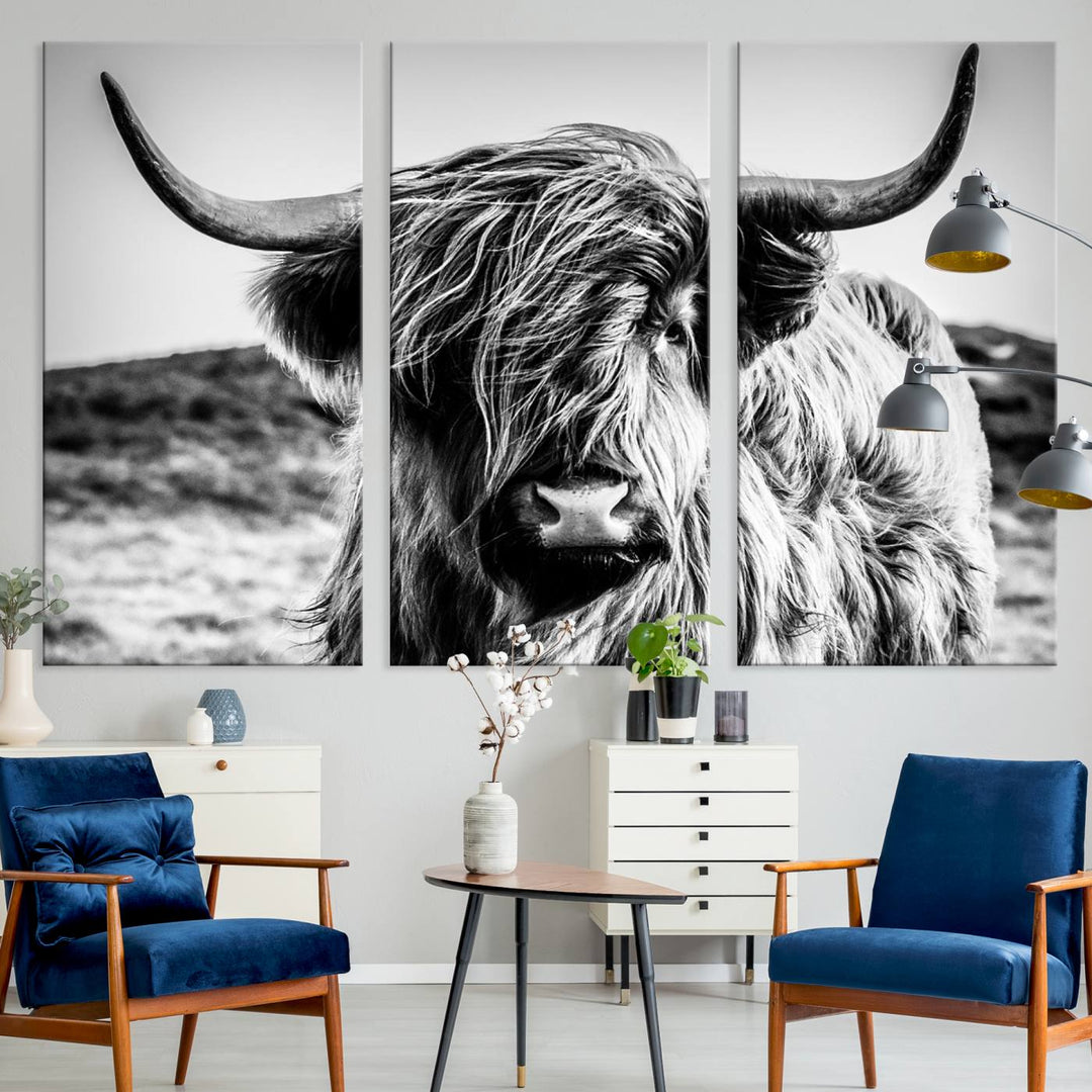 Highland Cow Wall Art | 3-Panel Black and White Highland Cow Canvas Print for Western Farmhouse Decor