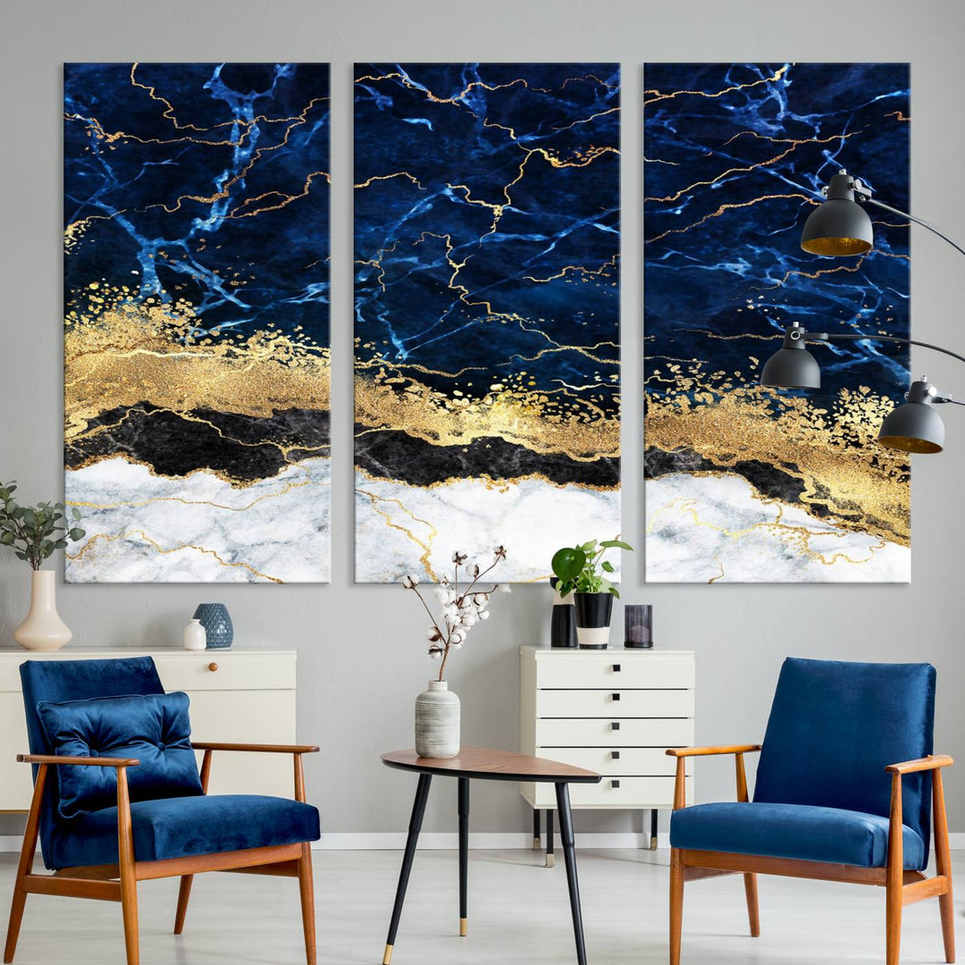 Navy Blue Marble Fluid Effect Canvas Wall Art, featuring a gold and white abstract design, adds a finishing touch to your modern kitchen decor.