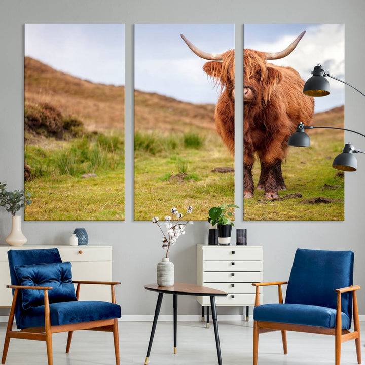 A Highland Cow Animal Canvas Wall Art hangs on the wall, adding warmth to the room.